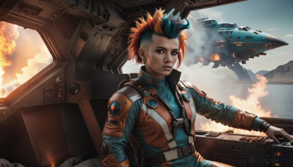 1girl,solo,looking at viewer,short hair,gloves,brown eyes,jewelry,red hair,multicolored hair,earrings,sky,cloud,orange hair,uniform,two-tone hair,lips,military,bodysuit,fire,robot,mecha,smoke,science fiction,realistic,aircraft,nose,bandaid on face,airplane,pilot suit,undercut,explosion,spacecraft,cockpit,pilot,military uniform,piercing,freckles,dirty,jumpsuit,mohawk