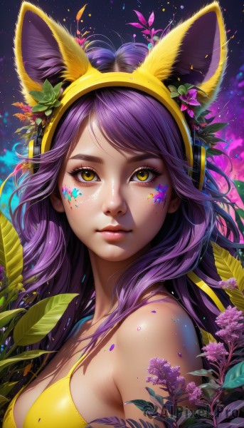 1girl,solo,long hair,breasts,looking at viewer,bangs,hair ornament,animal ears,bare shoulders,medium breasts,closed mouth,swimsuit,yellow eyes,upper body,purple hair,flower,bikini,hairband,artist name,hair flower,lips,fox ears,eyelashes,makeup,fake animal ears,headphones,leaf,facial mark,plant,lipstick,portrait,star (sky),eyeshadow,freckles,pink lips,nose,eyeliner,yellow bikini,whisker markings,mascara,cleavage,web address,realistic,facepaint