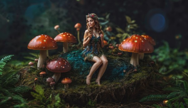 1girl,solo,long hair,breasts,brown hair,dress,cleavage,bare shoulders,jewelry,medium breasts,sitting,outdoors,barefoot,blurry,bracelet,tree,hands up,bare legs,strapless,depth of field,blue dress,grass,tiara,plant,nature,strapless dress,forest,mushroom,moss,tree stump,blue eyes,hair ornament,earrings,necklace,nail polish,lips,makeup,leaf,looking away,short dress,lipstick,scenery,curly hair,realistic,fantasy