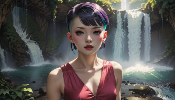 1girl,solo,breasts,looking at viewer,blush,short hair,bangs,black hair,hair ornament,cleavage,bare shoulders,brown eyes,jewelry,medium breasts,collarbone,upper body,purple hair,earrings,outdoors,parted lips,sleeveless,day,hairclip,water,black eyes,lips,eyelashes,makeup,leaf,sunlight,lipstick,nature,asymmetrical hair,rock,realistic,nose,red lips,waterfall,dress,teeth,artist name,signature,red dress,plant