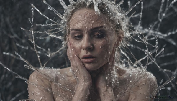 1girl,solo,looking at viewer,short hair,blonde hair,upper body,nude,parted lips,artist name,hand up,signature,water,blurry,black eyes,lips,wet,portrait,hand on own face,freckles,realistic,1boy,male focus,grey background