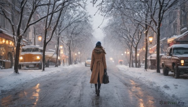 1girl, hat, holding, boots, outdoors, bag, from behind, tree, coat, fur trim, ground vehicle, building, scenery, motor vehicle, snow, walking, beanie, winter clothes, car, road, holding bag, winter, lamppost, bare tree, street