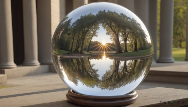 outdoors,sky,day,blurry,tree,no humans,blurry background,sunlight,grass,nature,scenery,reflection,sunset,light rays,sun,pillar,column,cloud,signature,blue sky,depth of field,shadow,forest