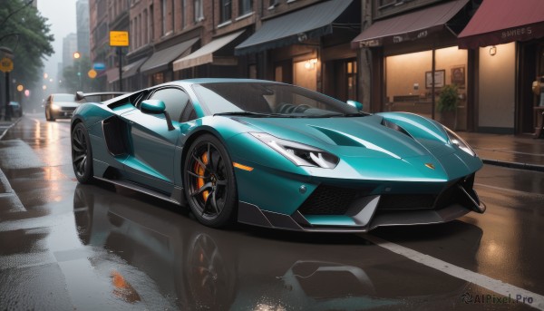 A vivid rainy outdoors highlighting a motor vehicle