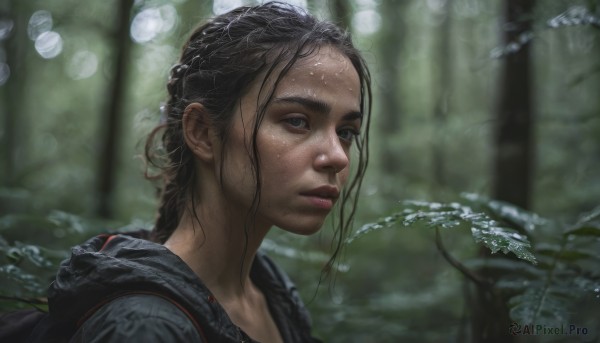 1girl, solo, long hair, black hair, braid, water, bag, blurry, lips, depth of field, blurry background, backpack, nature, forest, freckles, water drop, realistic, nose