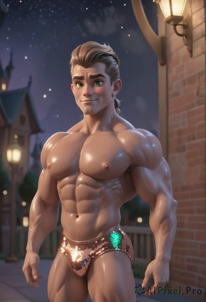 solo,looking at viewer,smile,short hair,brown hair,black hair,1boy,navel,closed mouth,underwear,nipples,green eyes,male focus,thighs,outdoors,sky,artist name,dark skin,stomach,muscular,night,facial hair,thick thighs,abs,pectorals,muscular male,building,star (sky),night sky,bara,starry sky,large pectorals,bulge,topless male,sideburns,mature male,male underwear,lamppost,male swimwear,biceps,briefs,facial mark,undercut,jockstrap