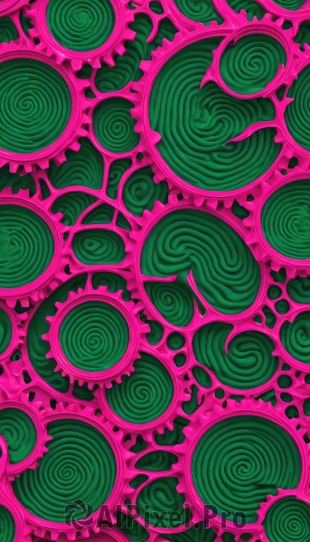 solo,no humans,green theme,gears,abstract,1girl,pink background,ringed eyes,colorful,surreal,abstract background,eye focus