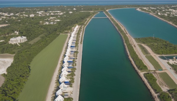 outdoors,sky,day,water,tree,no humans,ocean,from above,grass,ground vehicle,building,nature,scenery,motor vehicle,forest,city,road,cityscape,watercraft,bridge,river,boat,landscape,beach,car,house,ship,shore,railroad tracks,crane (machine),real world location