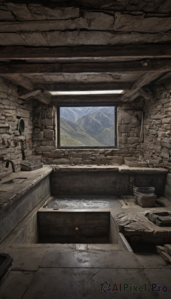 day,indoors,water,no humans,window,chair,table,scenery,stairs,mountain,wall,ruins,sky,brick wall,broken,sink