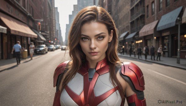 1girl,long hair,looking at viewer,smile,brown hair,brown eyes,closed mouth,upper body,outdoors,multiple boys,solo focus,day,armor,blurry,lips,depth of field,blurry background,ground vehicle,shoulder armor,building,motor vehicle,science fiction,city,realistic,car,road,police,street,solo,breasts,bodysuit,shoulder pads,superhero