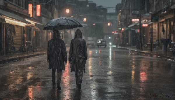 holding, jacket, outdoors, multiple boys, hood, from behind, night, umbrella, ground vehicle, building, scenery, motor vehicle, walking, rain, holding umbrella, city, sign, car, road, multiple others, street, puddle, crosswalk