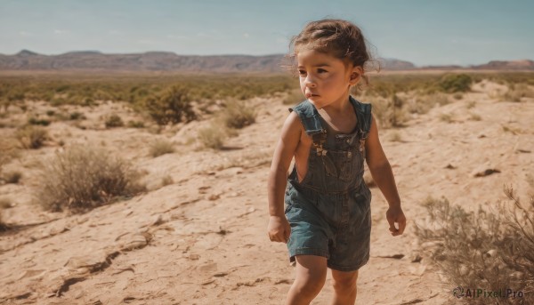 1girl,solo,short hair,brown hair,black hair,brown eyes,closed mouth,standing,outdoors,sky,shorts,sleeveless,day,blurry,black eyes,flat chest,blue sky,feet out of frame,child,clenched hands,realistic,female child,overalls,field,desert,blue overalls,naked overalls,overall shorts,looking to the side,looking away,denim