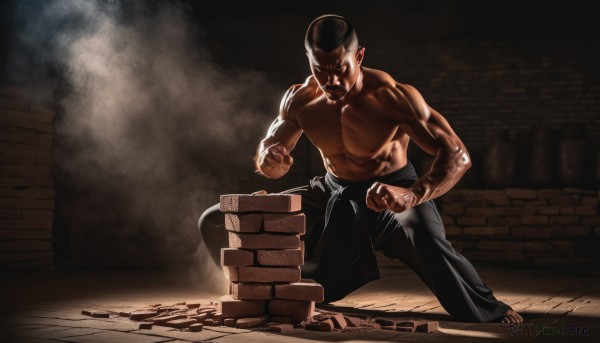 solo,black hair,1boy,full body,male focus,barefoot,pointy ears,pants,muscular,clenched hands,smoke,topless male,fighting stance,manly,dust,teeth,tattoo,facial hair,black pants,abs,clenched teeth,bald,brick wall