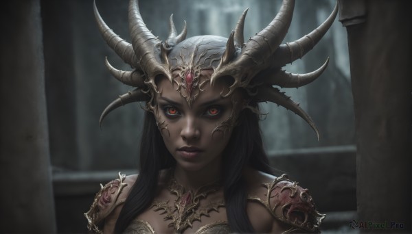 HQ,1girl,solo,long hair,looking at viewer,black hair,red eyes,upper body,parted lips,horns,dark skin,armor,blurry,dark-skinned female,lips,makeup,blurry background,facial mark,shoulder armor,gem,portrait,colored sclera,black lips,breasts,cleavage,lipstick,close-up,skull,black sclera,pillar