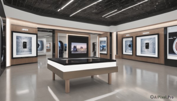 indoors,no humans,window,chair,table,scenery,reflection,door,clock,tiles,computer,tile floor,television,monitor,speaker,ceiling light,reflective floor,screen,shadow,rain,sign,painting (object)