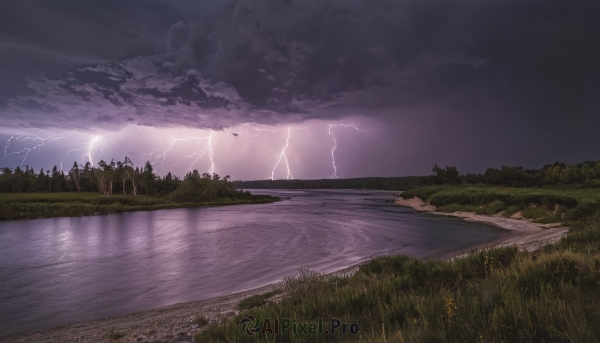 outdoors,sky,cloud,water,tree,no humans,night,cloudy sky,grass,nature,scenery,forest,electricity,road,river,lightning,landscape,lake,purple sky,ocean,reflection,rain,horizon,shore