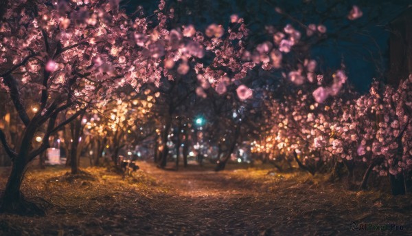 outdoors, sky, tree, no humans, night, cherry blossoms, nature, night sky, scenery, forest, road, dark, path