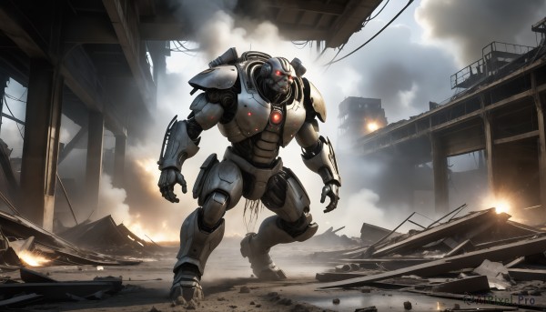 HQ,solo,red eyes,standing,outdoors,cloud,armor,military,no humans,glowing,fire,robot,building,mecha,glowing eyes,smoke,science fiction,realistic,cable,ruins,damaged,open hands,debris,dust,destruction,rubble,1boy,weapon,sky,signature,gun,cloudy sky,city,military vehicle,battle,explosion,power armor,sparks