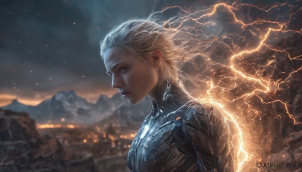 1girl, solo, long hair, upper body, white hair, outdoors, sky, armor, blurry, from side, lips, profile, night, floating hair, science fiction, realistic, nose, electricity, lightning