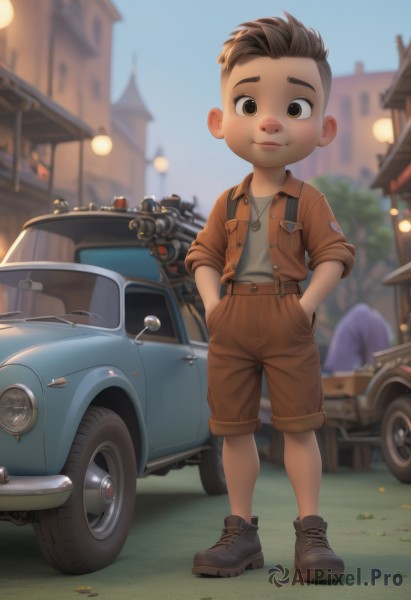 solo,looking at viewer,smile,short hair,brown hair,shirt,1boy,brown eyes,closed mouth,standing,jacket,full body,male focus,boots,outdoors,sky,shoes,shorts,day,blurry,tree,blurry background,ground vehicle,building,child,motor vehicle,freckles,hands in pockets,car,male child,vehicle focus,brown shorts,open clothes,belt,artist name,necklace,suspenders,brown jacket,house,lamppost