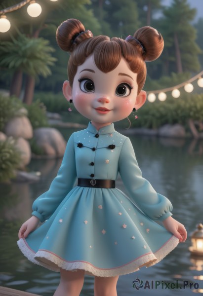 1girl,solo,looking at viewer,blush,smile,short hair,bangs,brown hair,long sleeves,dress,brown eyes,jewelry,standing,earrings,outdoors,parted lips,belt,water,hair bun,blurry,black eyes,tree,lips,double bun,night,depth of field,blurry background,feet out of frame,blue dress,floral print,child,freckles,lantern,skirt hold,red lips,female child,aqua dress,hair ornament,heart