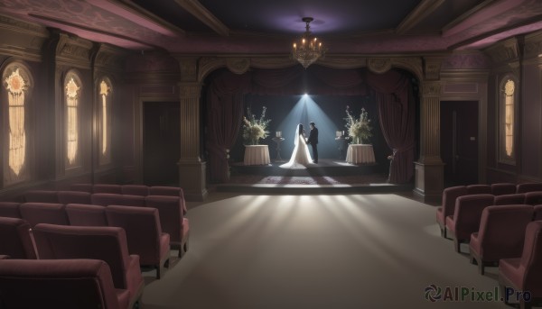 1girl,long hair,black hair,1boy,dress,sitting,standing,flower,indoors,from behind,white dress,window,shadow,chair,formal,table,suit,plant,curtains,scenery,light rays,stairs,wedding dress,light,candle,wide shot,wedding,candlestand,chandelier,pants,sunlight,couch,potted plant,lamp,vase,tablecloth