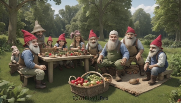 smile,open mouth,brown hair,shirt,long sleeves,hat,sitting,closed eyes,male focus,boots,outdoors,food,multiple boys,sky,day,pants,cloud,apron,vest,tree,blue sky,fruit,facial hair,chair,brown footwear,table,grass,blue shirt,nature,red headwear,beard,forest,6+boys,mustache,apple,basket,mushroom,old,old man,tomato,long hair,multiple girls,holding,2girls,white shirt,holding food,sleeves rolled up,realistic,bandana,5boys