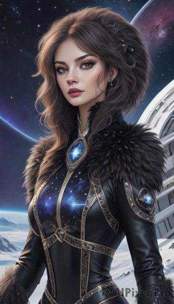 1girl,solo,long hair,breasts,looking at viewer,brown hair,long sleeves,dress,brown eyes,jewelry,medium breasts,upper body,earrings,parted lips,sky,black dress,lips,grey eyes,fur trim,makeup,lipstick,gem,star (sky),starry sky,red lips,space,planet,earth (planet),artist name,bodysuit,realistic,nose,black bodysuit,feather trim