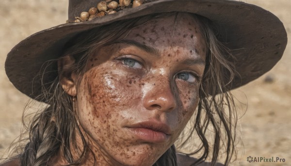 1girl,solo,long hair,looking at viewer,blue eyes,brown hair,black hair,hat,closed mouth,braid,blurry,lips,grey eyes,blurry background,portrait,freckles,realistic,nose,brown headwear,dirty,cowboy hat,dirty face,black headwear