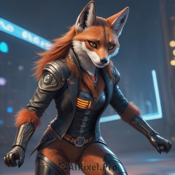 1girl,solo,long hair,breasts,looking at viewer,smile,animal ears,jewelry,medium breasts,standing,jacket,tail,yellow eyes,cowboy shot,open clothes,belt,pants,artist name,necklace,armor,blurry,open jacket,black jacket,orange eyes,fox ears,blurry background,fox tail,slit pupils,fox girl,gauntlets,claws,furry,colored sclera,science fiction,furry female,black sclera,body fur,mechanical arms,leather,cyborg,single mechanical arm,leather jacket,orange fur,orange hair