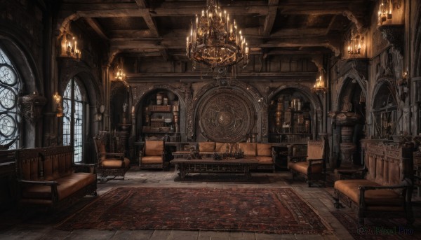 indoors,book,no humans,window,chair,table,sunlight,scenery,couch,wooden floor,stairs,fantasy,door,clock,bookshelf,lamp,candle,architecture,armchair,ceiling,carpet,church,arch,candlestand,rug,chandelier,fireplace,wooden chair,day,fire,box,throne,cabinet,treasure chest