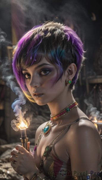 1girl,solo,breasts,looking at viewer,short hair,bangs,black hair,holding,cleavage,bare shoulders,brown eyes,jewelry,medium breasts,collarbone,upper body,purple hair,multicolored hair,earrings,small breasts,parted lips,choker,artist name,dark skin,necklace,nail polish,mole,blurry,black eyes,bracelet,from side,two-tone hair,dark-skinned female,lips,grey eyes,eyelashes,mole under eye,makeup,blurry background,piercing,ring,fire,gem,armlet,pendant,eyeshadow,smoke,freckles,cigarette,realistic,nose,smoking,candle,flame,mascara,lighter,candlelight,streaked hair,watermark,eyeliner,torch