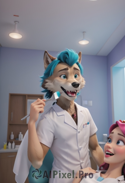 1girl,long hair,blush,smile,short hair,open mouth,blue eyes,shirt,1boy,holding,animal ears,jewelry,blue hair,tail,white shirt,pink hair,short sleeves,hetero,teeth,collared shirt,indoors,necklace,looking at another,makeup,fangs,sharp teeth,towel,furry,pocket,furry female,labcoat,nurse,furry male,snout,toothbrush,bangs,standing,upper body,artist name,hand up,signature,fox ears,buttons,watermark,web address,wide-eyed,fork,body fur,holding fork,two-tone fur,arm hair,ceiling light