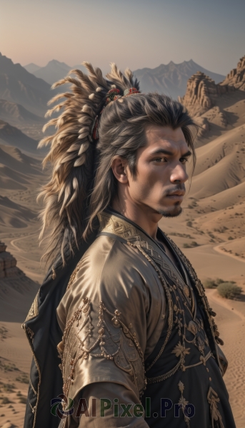 solo,long hair,looking at viewer,brown hair,black hair,hair ornament,long sleeves,1boy,brown eyes,closed mouth,upper body,ponytail,male focus,outdoors,from side,facial hair,chinese clothes,beard,robe,mountain,realistic,sand,manly,desert,jewelry,sky,lips,feathers