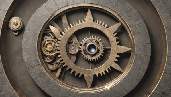 solo,looking at viewer,no humans,from above,reflection,wooden floor,gears,still life,roman numeral,eye focus,steampunk,scenery,close-up,fantasy,clock