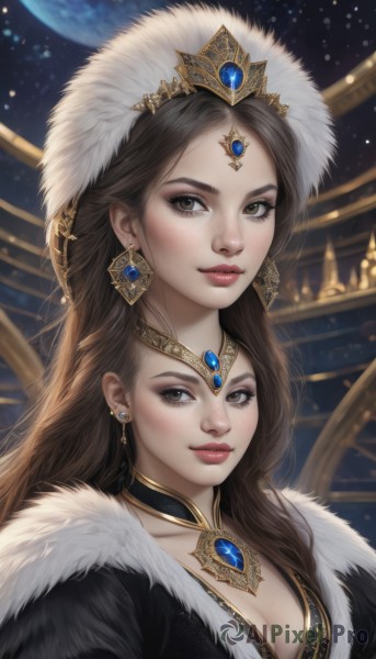 1girl,long hair,breasts,looking at viewer,smile,multiple girls,brown hair,2girls,cleavage,brown eyes,jewelry,medium breasts,closed mouth,collarbone,upper body,earrings,sky,choker,artist name,signature,necklace,blurry,lips,grey eyes,fur trim,eyelashes,makeup,blurry background,moon,tiara,crown,gem,portrait,star (sky),dual persona,eyeshadow,freckles,circlet,realistic,nose,red lips,mascara,solo,dress