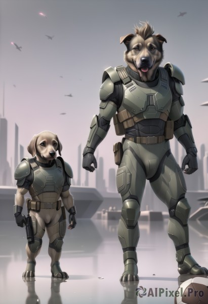 1boy,brown eyes,standing,weapon,male focus,multiple boys,tongue,2boys,armor,gun,military,bird,building,handgun,ball,reflection,science fiction,dog,aircraft,airplane,soccer ball,jet,telstar,solo,gloves,boots,fingerless gloves,uniform,no humans,military uniform,animal