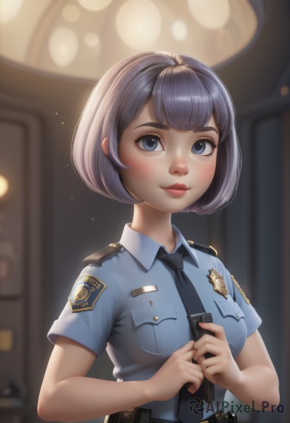 1girl,solo,breasts,looking at viewer,blush,smile,short hair,bangs,blue eyes,shirt,holding,medium breasts,closed mouth,upper body,weapon,short sleeves,grey hair,parted lips,necktie,collared shirt,belt,artist name,indoors,signature,blurry,uniform,lips,gun,eyelashes,depth of field,blurry background,watermark,bob cut,own hands together,blue shirt,black necktie,web address,freckles,pocket,black belt,pouch,blue necktie,breast pocket,badge,police,police uniform,policewoman,walkie-talkie,handgun,nose