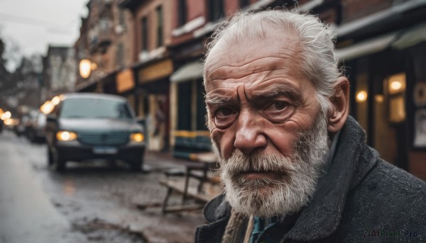 solo,looking at viewer,1boy,upper body,weapon,white hair,male focus,outdoors,blurry,blurry background,facial hair,ground vehicle,portrait,motor vehicle,beard,realistic,mustache,car,manly,old,old man,photo background,closed mouth,grey hair,signature,coat,gun,depth of field,scar,parody,snow,serious,snowing,wrinkled skin