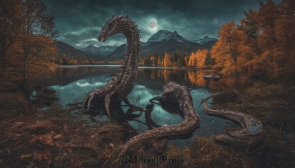 weapon,outdoors,sky,sword,cloud,tree,no humans,night,moon,cloudy sky,polearm,star (sky),nature,night sky,scenery,full moon,forest,spear,mountain,fantasy,dragon,open mouth,tail,water,monster,scales,river,lake