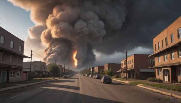 outdoors,sky,day,cloud,tree,blue sky,no humans,window,grass,fire,ground vehicle,building,scenery,motor vehicle,smoke,city,fence,car,road,bush,explosion,house,power lines,street,utility pole,burning,truck,crosswalk,cloudy sky,vanishing point