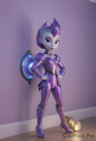 1girl,solo,breasts,looking at viewer,smile,short hair,jewelry,standing,purple eyes,full body,weapon,purple hair,earrings,small breasts,boots,alternate costume,artist name,indoors,signature,armor,high heels,bodysuit,makeup,colored skin,lipstick,shoulder armor,hands on hips,shield,purple skin,purple bodysuit,gloves,multicolored hair,parted lips,two-tone hair,lips,watermark,knee boots,aged down,spiked hair,gem,web address,high heel boots