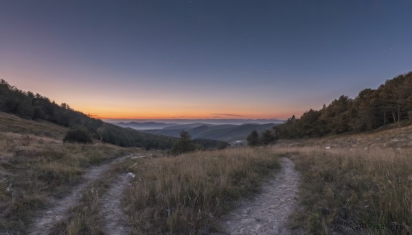 outdoors,sky,cloud,signature,water,tree,no humans,night,grass,star (sky),nature,night sky,scenery,forest,starry sky,sunset,mountain,road,field,river,evening,landscape,hill,horizon,twilight,gradient sky,path