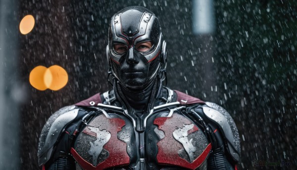 solo,looking at viewer,1boy,closed eyes,upper body,male focus,armor,blurry,bodysuit,mask,blurry background,helmet,facing viewer,science fiction,rain,realistic,straight-on,superhero,snowing