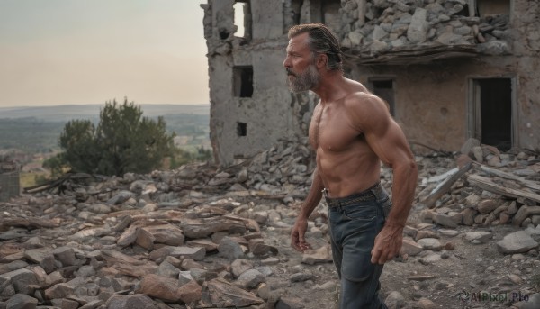 solo,short hair,brown hair,black hair,1boy,navel,nipples,male focus,outdoors,day,pants,from side,tree,muscular,facial hair,scar,abs,pectorals,denim,muscular male,building,beard,topless male,jeans,rock,mature male,realistic,mustache,manly,ruins,chest hair,old man,bara,large pectorals,walking,blue pants