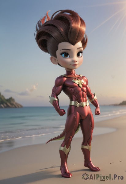 1girl,solo,long hair,looking at viewer,smile,brown hair,brown eyes,closed mouth,standing,tail,full body,outdoors,sky,day,chibi,armor,blurry,lips,bodysuit,makeup,muscular,blurry background,ocean,beach,abs,skin tight,clenched hands,sunset,sand,sun,muscular female,superhero,red bodysuit,gloves,1boy,male focus,boots