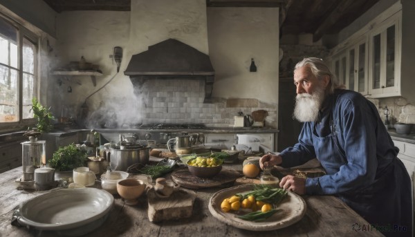 solo,shirt,long sleeves,1boy,holding,sitting,white hair,grey hair,male focus,food,day,indoors,apron,cup,window,fruit,facial hair,chair,table,sunlight,blue shirt,knife,plant,steam,beard,plate,bowl,realistic,spoon,mustache,basket,potted plant,old,old man,cooking,ladle,kitchen,lemon,vegetable,sink,counter,stove,cutting board,onion,standing,from side,bottle,scenery,apple,holding knife,carrot,wall,jar,faucet,potato,kitchen knife,wrinkled skin,radish