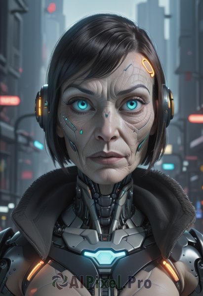 1girl,solo,breasts,looking at viewer,short hair,blue eyes,brown hair,black hair,closed mouth,upper body,blurry,lips,makeup,blurry background,headphones,robot,building,portrait,science fiction,city,realistic,nose,android,joints,cable,cyborg,robot joints,neon trim,cyberpunk,mechanical parts,bangs,jacket,artist name,aqua eyes,eyelashes,glowing,headgear,expressionless,glowing eyes,close-up,eyeshadow,robot ears,mascara