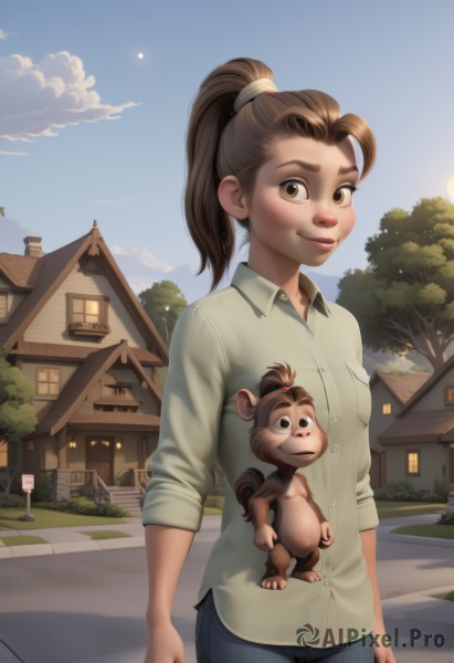 1girl,solo,long hair,breasts,looking at viewer,blush,smile,brown hair,shirt,holding,brown eyes,standing,white shirt,ponytail,cowboy shot,small breasts,outdoors,sky,day,collared shirt,pants,cloud,tree,blue sky,lips,animal,thick eyebrows,high ponytail,denim,building,sleeves rolled up,freckles,walking,jeans,sign,arms at sides,sun,road,house,street,road sign,blue pants