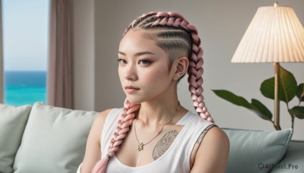 1girl,solo,long hair,breasts,looking at viewer,shirt,cleavage,brown eyes,jewelry,medium breasts,collarbone,white shirt,upper body,pink hair,braid,multicolored hair,earrings,parted lips,indoors,necklace,black eyes,twin braids,two-tone hair,lips,pillow,tattoo,gradient hair,makeup,ocean,piercing,tank top,plant,couch,eyeshadow,freckles,realistic,nose,hair behind ear,lamp,arm tattoo,undercut,white tank top,neck tattoo,brown hair,dark skin,mole,dark-skinned female,looking to the side,window